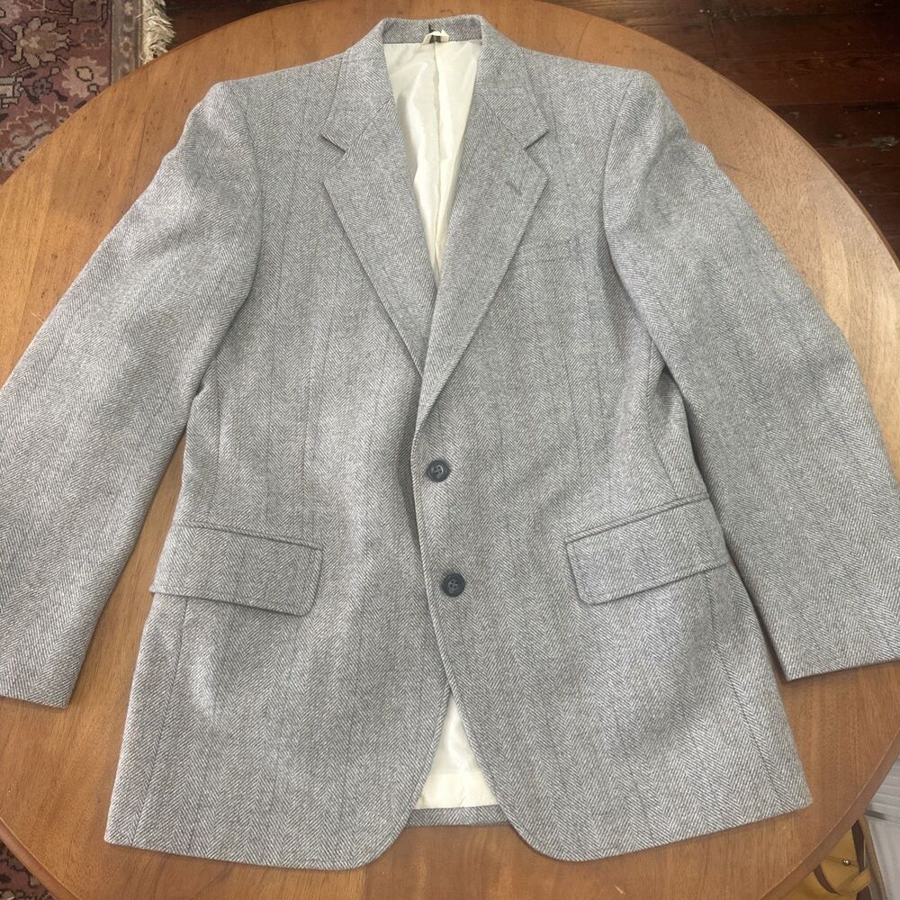 VTG Austin Manor Blazer Mens 38 Gray Herringbone Tweed Wool USA